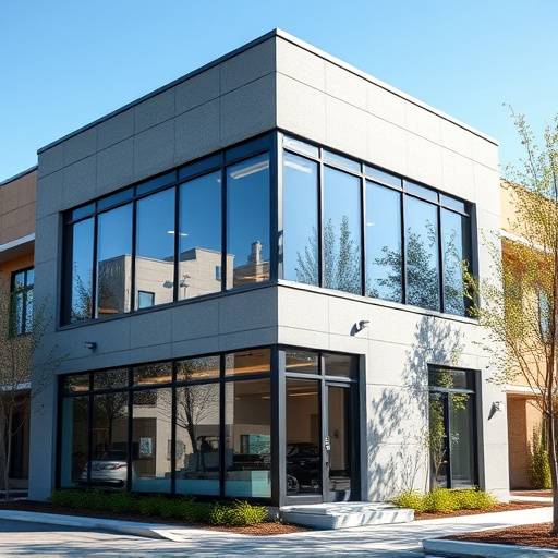 Exterior view of the Directing Mastery Academy building, a modern two-story structure with large windows