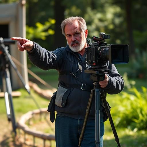 Film director pointing and giving direction on set, loading=lazy