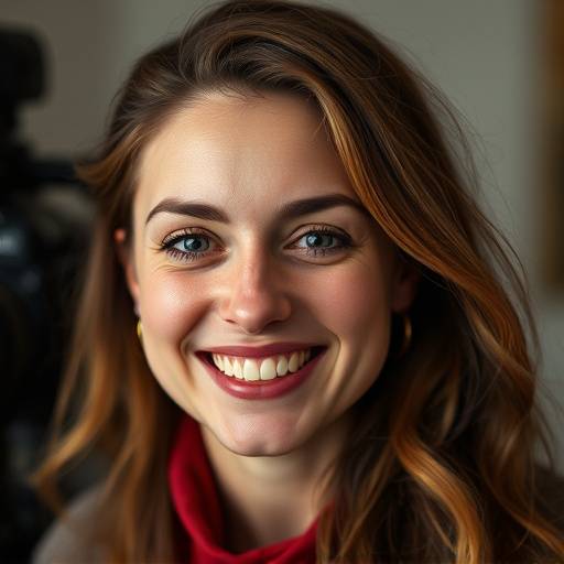 Portrait of Anya Petrova, renowned film director, smiling warmly