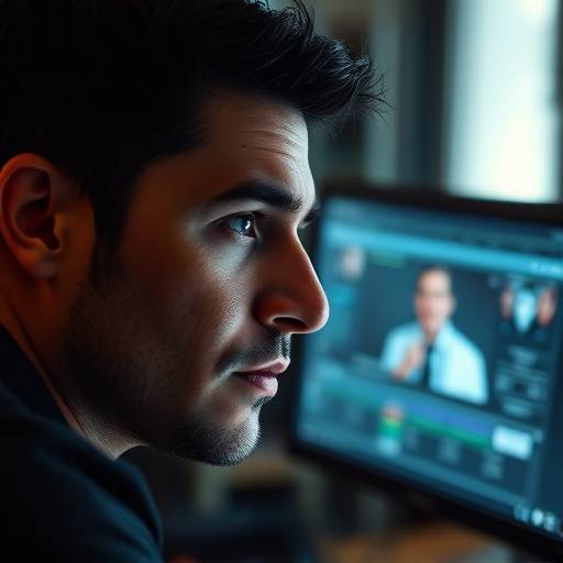 Portrait of Javier Rodriguez, experienced film editor, looking thoughtfully at a monitor